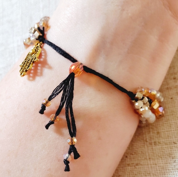 Five Strand Lux Beaded Friendship Bracelet Adjustable - Golds / Oranges - Picture 3 of 5